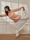 Women's Rose Pink Cotton Linen Kurta With White Cotton Lycra Harem Pants Yoga Set